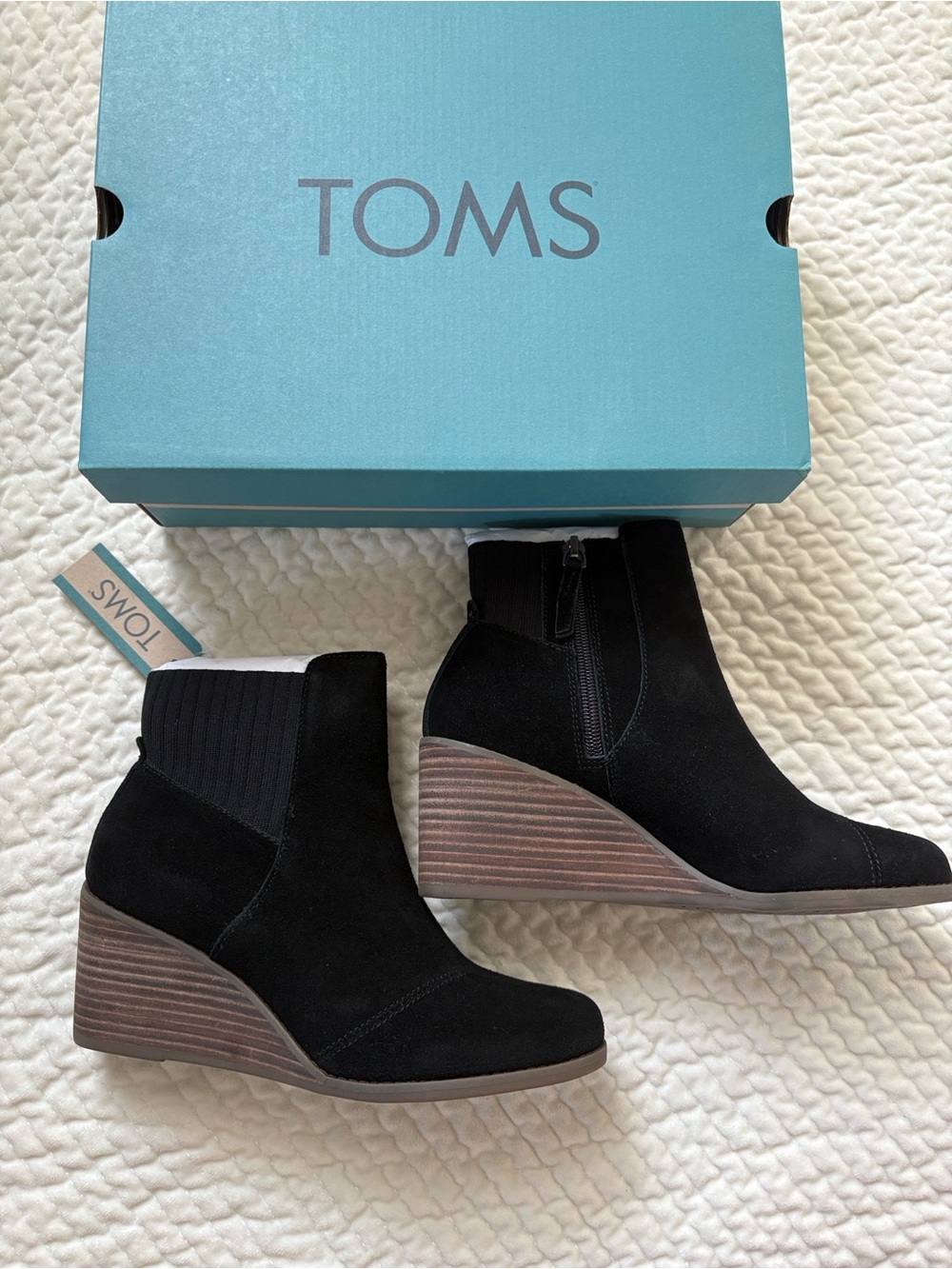 TOMS Sadie Boot in Black Suede Wedge Bootie